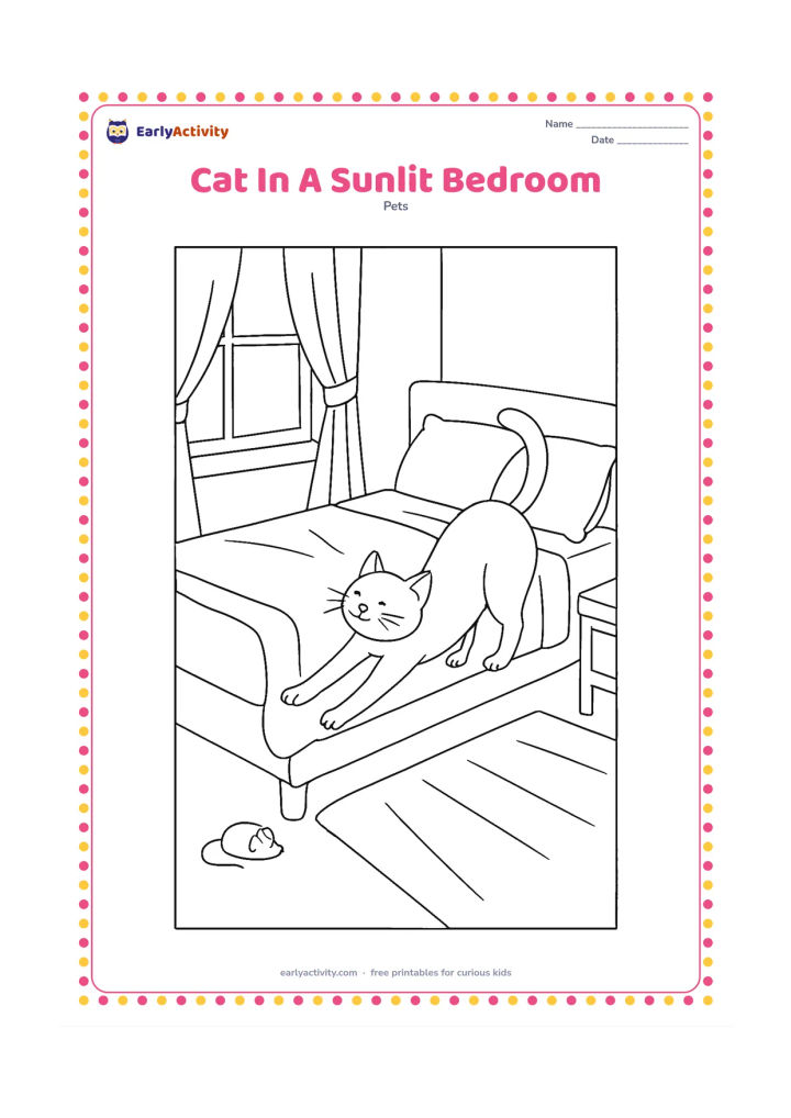 Colouring page: Draw a cat stretching on a bed in a bright bedroom, with pillows, a folded blanket, curtains, a bedside table, and sunlight shapes across the floor. Add a toy mouse under the bed edge.