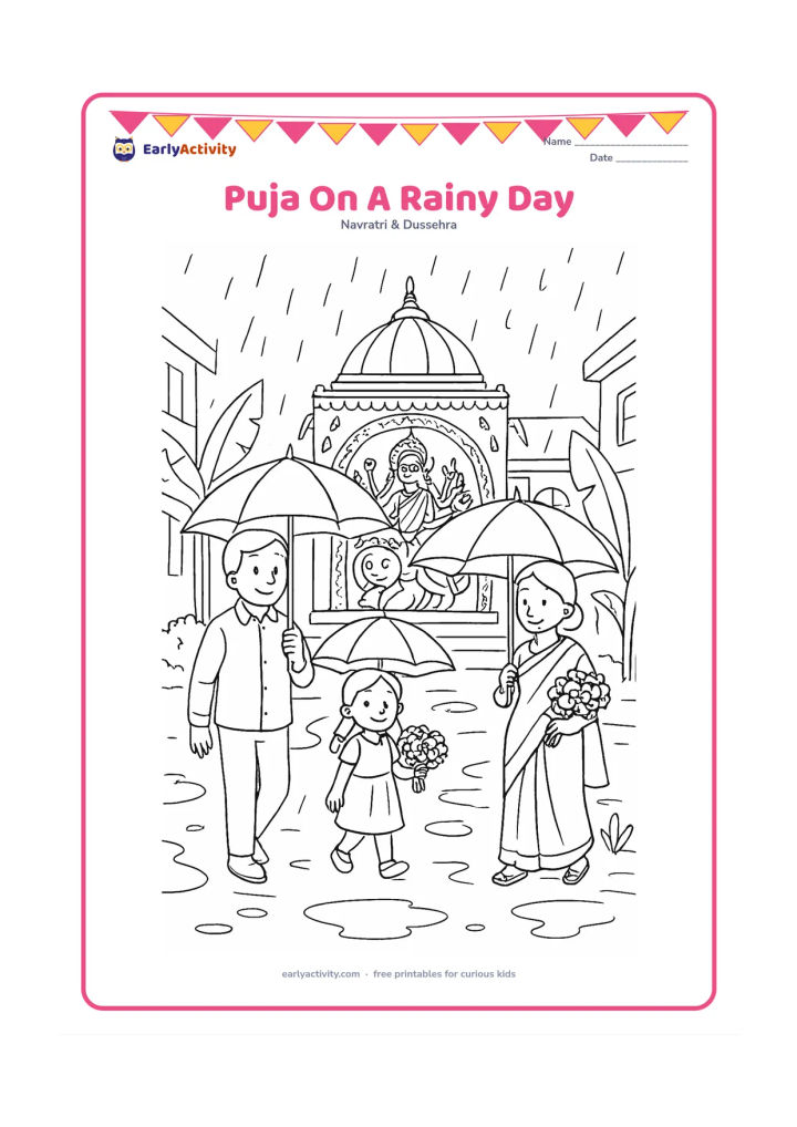 Colouring page: A family walks under umbrellas toward a decorated pandal during a gentle monsoon shower, carrying flowers while the Durga idol is visible under shelter. Add puddles, banana leaves, and…