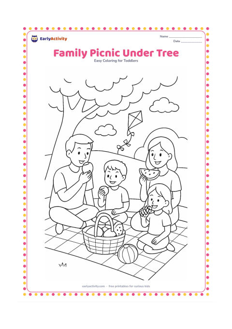 Colouring page: Draw two adults and two children sitting on a picnic mat under a large tree, sharing fruit beside a basket, with a kite, clouds and a distant hill.