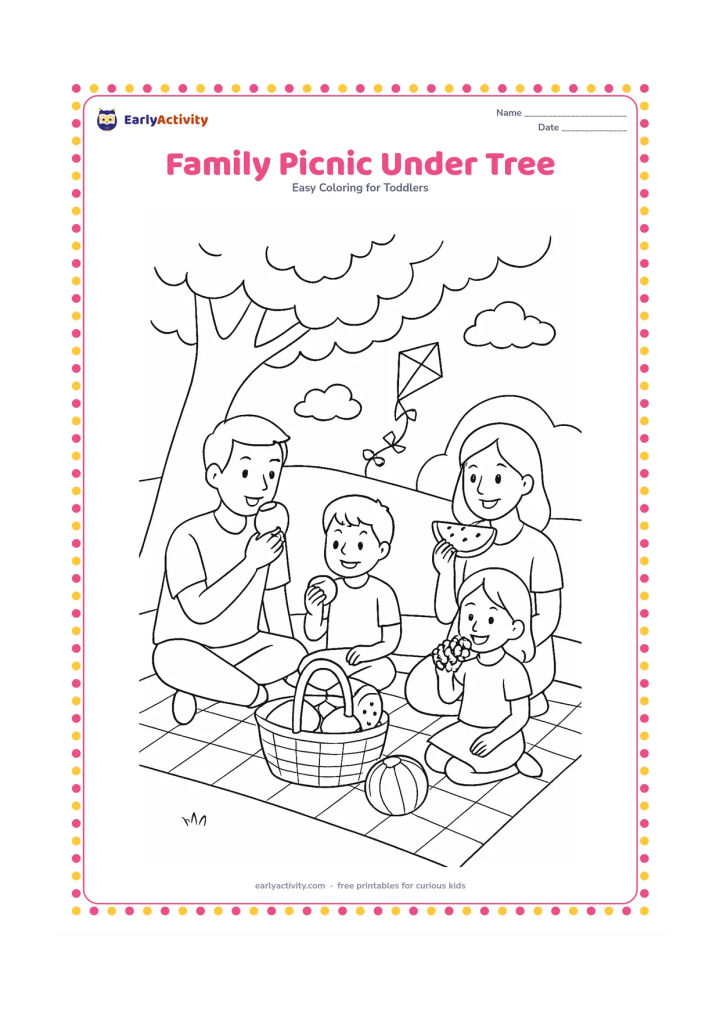 Colouring page: Draw two adults and two children sitting on a picnic mat under a large tree, sharing fruit beside a basket, with a kite, clouds and a distant hill.