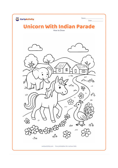 Worksheet: A cheerful unicorn walks along a decorated but unlettered Indian village path beside a friendly elephant and a peacock, with simple flower garlands, small houses, trees and a distant…