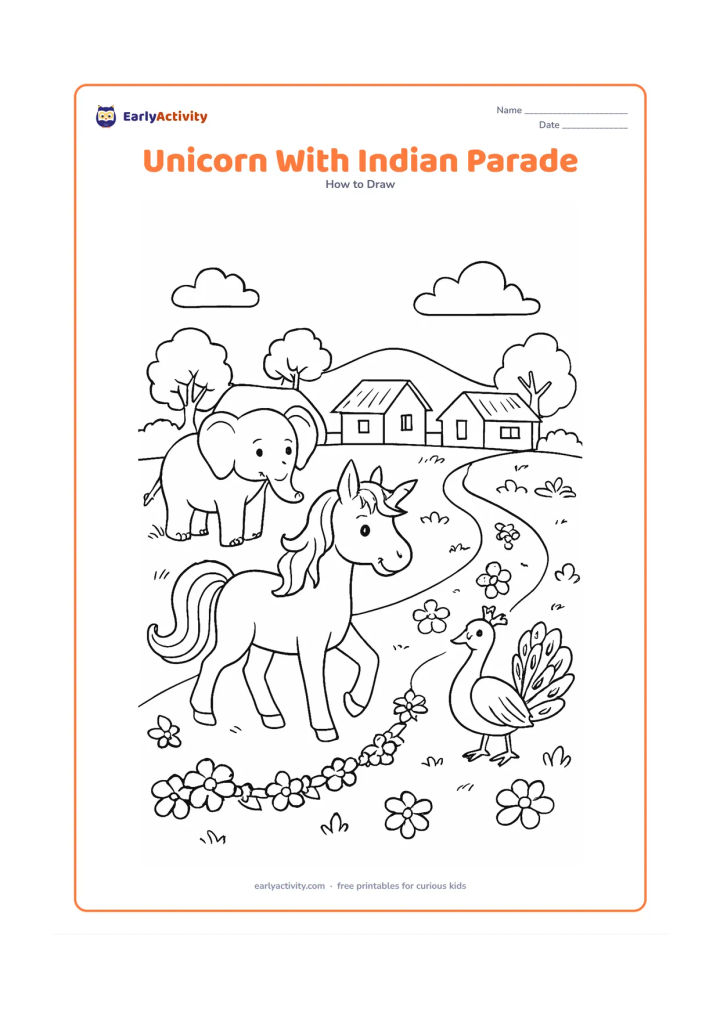 Worksheet: A cheerful unicorn walks along a decorated but unlettered Indian village path beside a friendly elephant and a peacock, with simple flower garlands, small houses, trees and a distant…