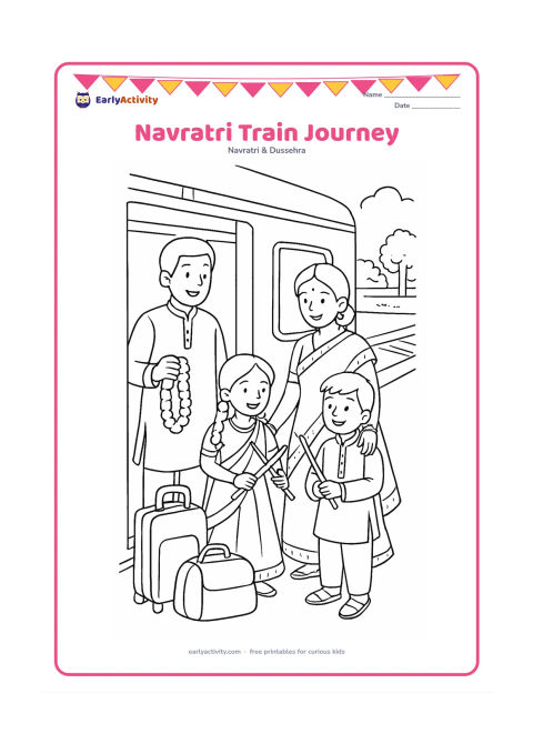 Colouring page: Draw a family travelling by Indian train during Navratri, with children holding small dandiya sticks and a parent carrying a flower garland. Show an open train doorway area, luggage, a…