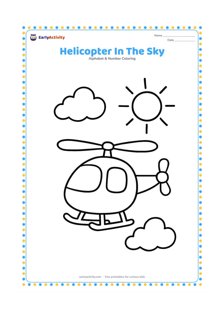 Colouring page: A friendly small helicopter flies across an open sky with two soft clouds and a simple sun. Show clear rotor blades, windows, landing skids, and a blank body with no markings.