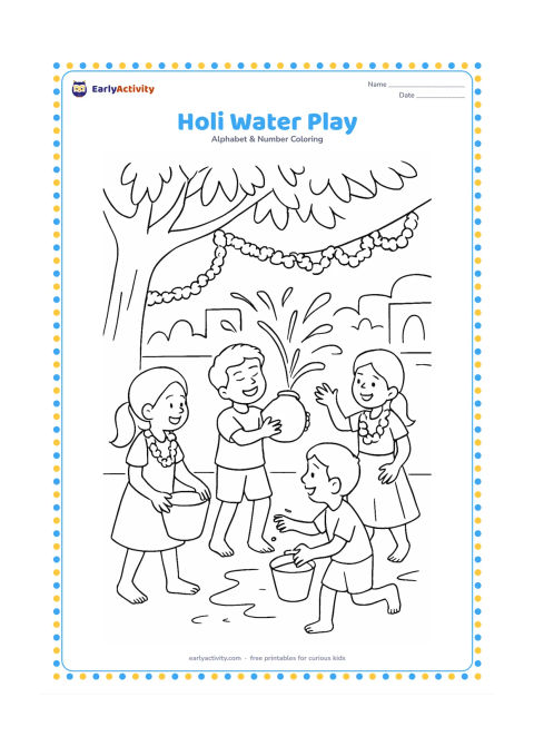 Colouring page: Children enjoy a cheerful outdoor festival with plain water containers, gentle water sprays, flower garlands, and leafy trees in an open Indian courtyard. Keep all clothing, containers,…
