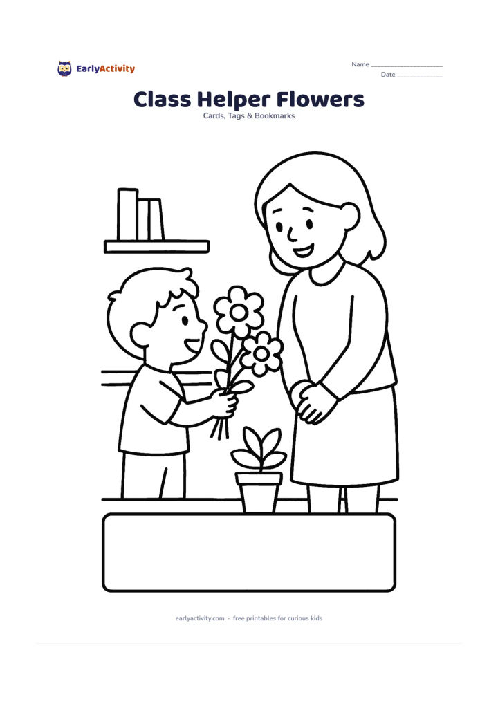 Worksheet: A child presents a bunch of flowers to a smiling classroom helper near a simple shelf and potted plant. Reserve a wide blank panel at the bottom for a personal note, with no writing on…