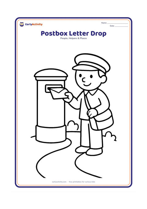 Colouring page: A postman places an envelope into a large roadside postbox while holding his delivery bag. Add a short path and two simple shrubs.