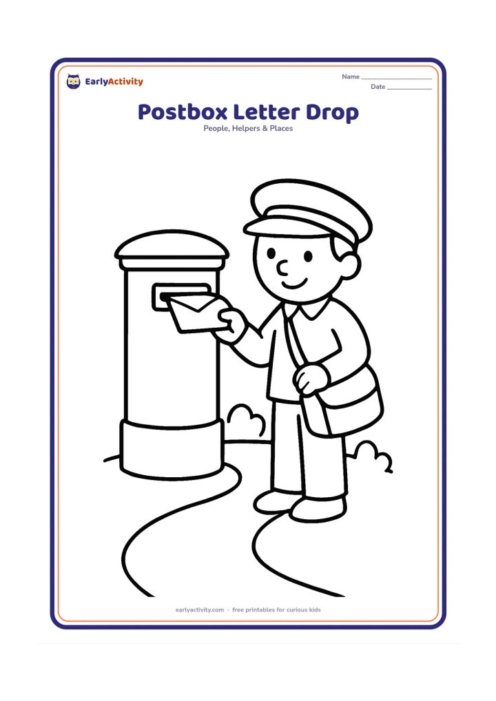 Colouring page: A postman places an envelope into a large roadside postbox while holding his delivery bag. Add a short path and two simple shrubs.