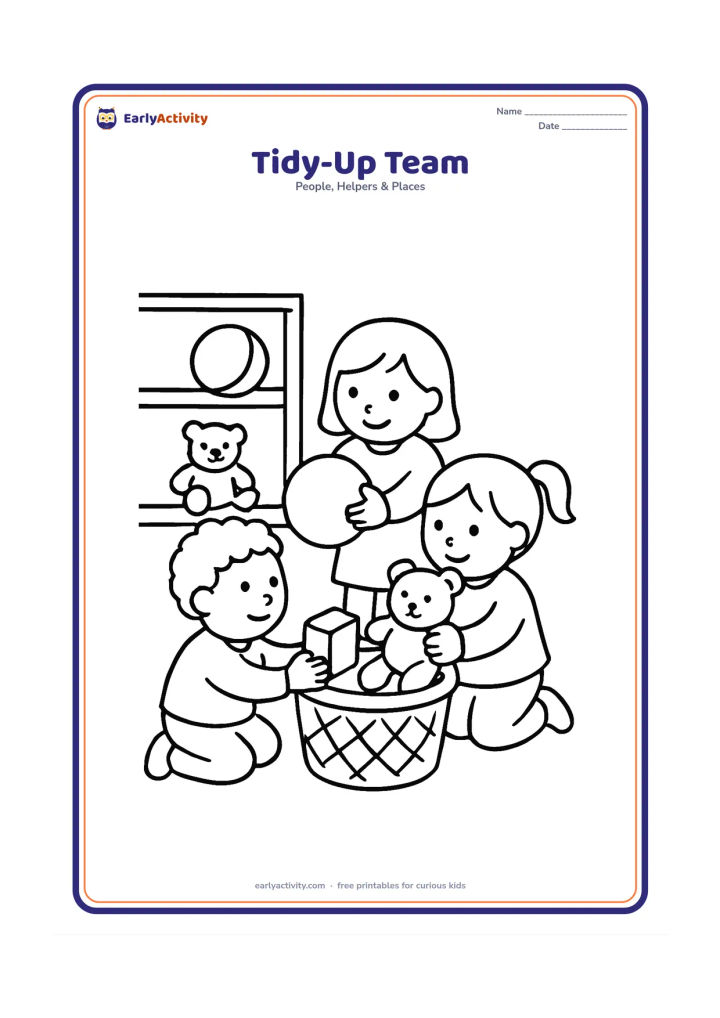 Colouring page: Three young friends place large classroom toys into a basket together, showing cooperation. Include a low shelf, a ball, a teddy bear, and a clear floor area.