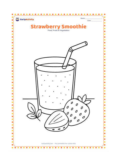 Colouring page: Draw a clear glass of strawberry smoothie with a straw, two sliced strawberries beside it, and a small leafy sprig on a kitchen table.