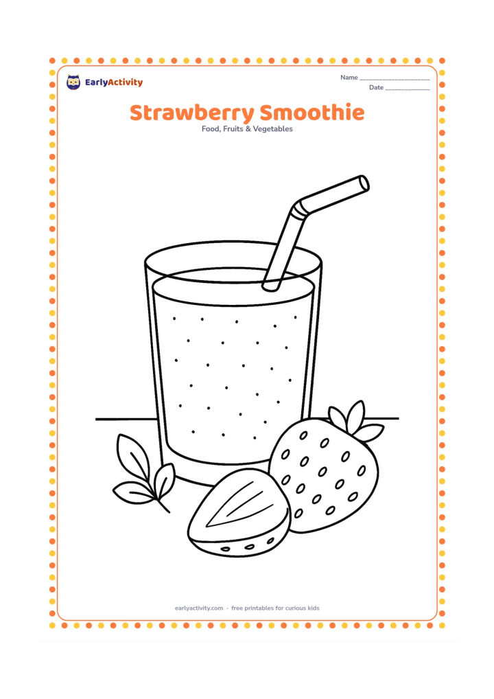 Colouring page: Draw a clear glass of strawberry smoothie with a straw, two sliced strawberries beside it, and a small leafy sprig on a kitchen table.