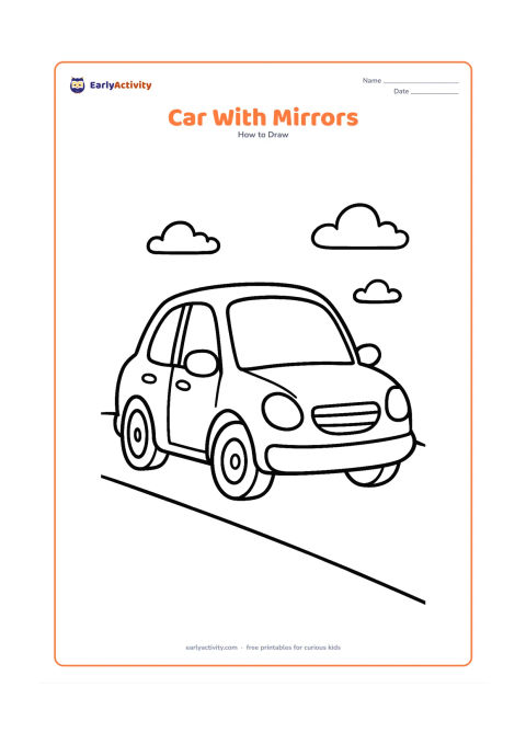 Worksheet: Show a three-quarter front view of a car with two side mirrors, a curved windscreen, headlights, grille, bumper and two visible wheels. Add a simple road line and a few distant clouds.