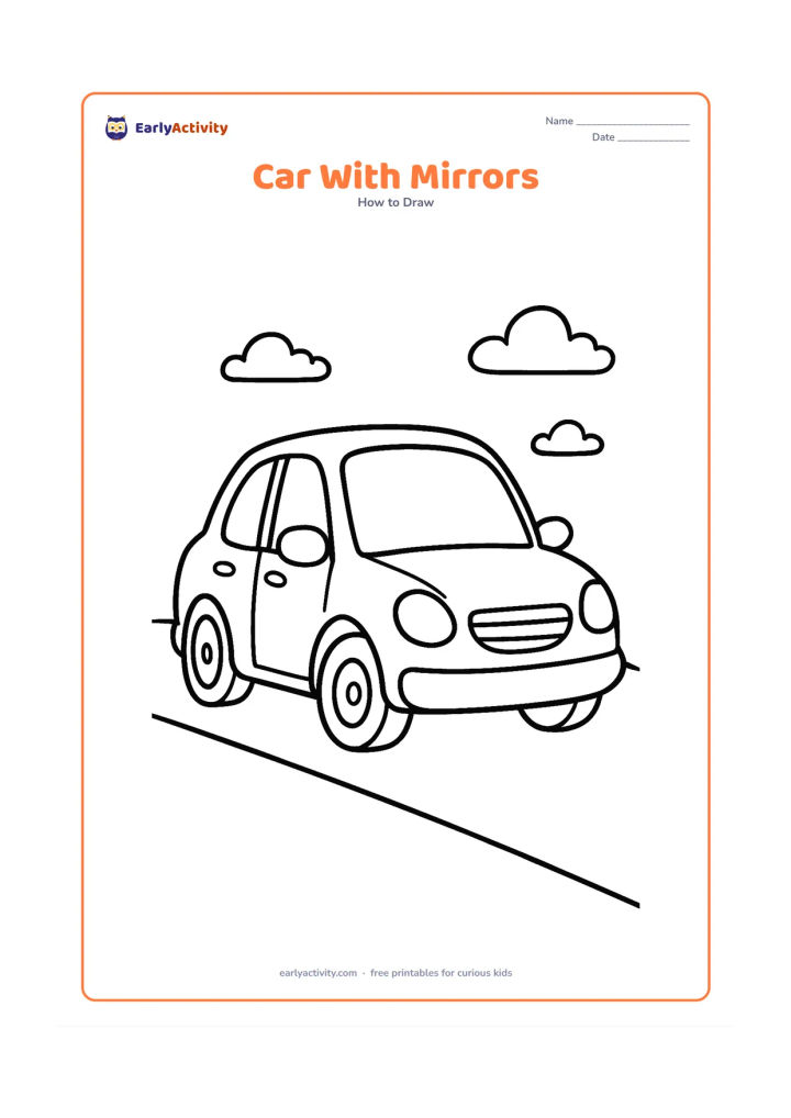 Worksheet: Show a three-quarter front view of a car with two side mirrors, a curved windscreen, headlights, grille, bumper and two visible wheels. Add a simple road line and a few distant clouds.