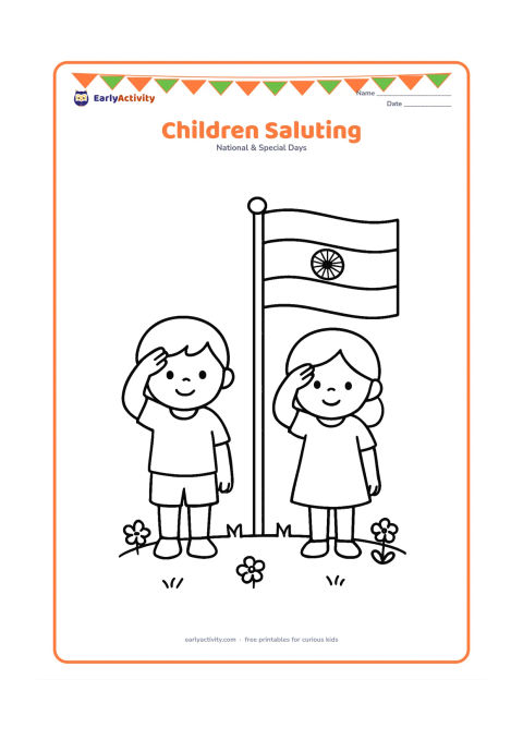 Colouring page: Two small children stand side by side and salute a standing Indian flag. Give them simple everyday clothes and place them on a clean patch of grass with a few flowers.