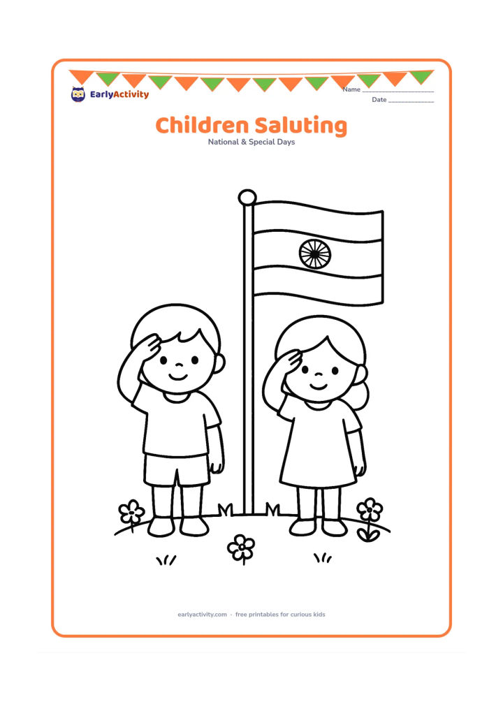 Colouring page: Two small children stand side by side and salute a standing Indian flag. Give them simple everyday clothes and place them on a clean patch of grass with a few flowers.