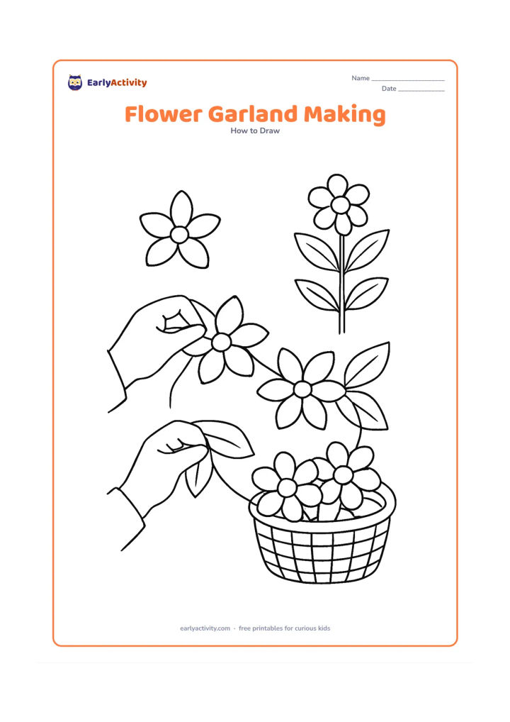 Worksheet: A child's hands thread large simple flowers and leaves into a garland beside a small basket of loose marigolds, with a flowering plant in the background. Show the flowers clearly and…