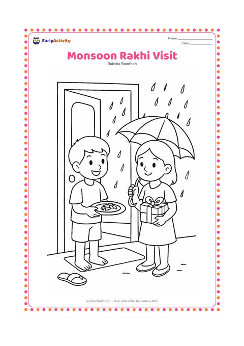 Colouring page: A sibling welcomes a visiting cousin inside during gentle monsoon weather, holding a rakhi plate while the cousin carries a plain umbrella and gift. Show a doorway, raindrops outside,…