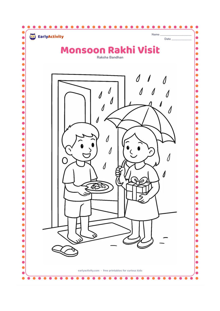 Colouring page: A sibling welcomes a visiting cousin inside during gentle monsoon weather, holding a rakhi plate while the cousin carries a plain umbrella and gift. Show a doorway, raindrops outside,…