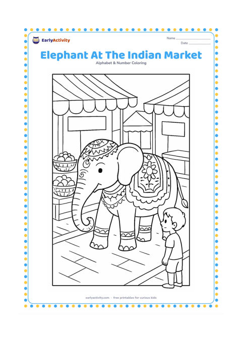 Colouring page: Draw a decorated but unmarked elephant walking through an Indian market street with baskets of fruit, fabric canopies and simple shop stalls. Show a child watching from the side while…