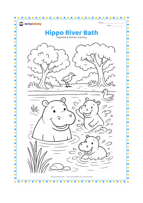 Colouring page: A happy hippo sits partly submerged in a broad river while two smaller hippos splash nearby, with reeds, water birds, stones, and leafy trees along the bank. Keep the water calm and the…