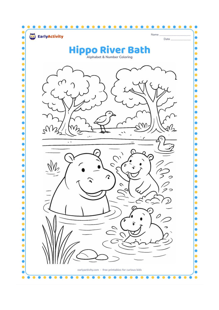 Colouring page: A happy hippo sits partly submerged in a broad river while two smaller hippos splash nearby, with reeds, water birds, stones, and leafy trees along the bank. Keep the water calm and the…