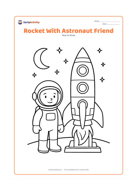 Worksheet: A child astronaut in a plain space suit stands beside a detailed upright rocket on a launch platform, with fins, windows, panels and curved flames. Add a moon horizon and stars, but no…
