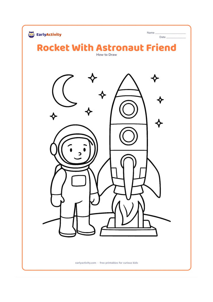 Worksheet: A child astronaut in a plain space suit stands beside a detailed upright rocket on a launch platform, with fins, windows, panels and curved flames. Add a moon horizon and stars, but no…