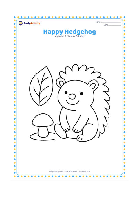 Colouring page: A smiling hedgehog sits beside one large leaf and a small mushroom on the ground. Use rounded, widely spaced back spines rather than dense sharp detail.