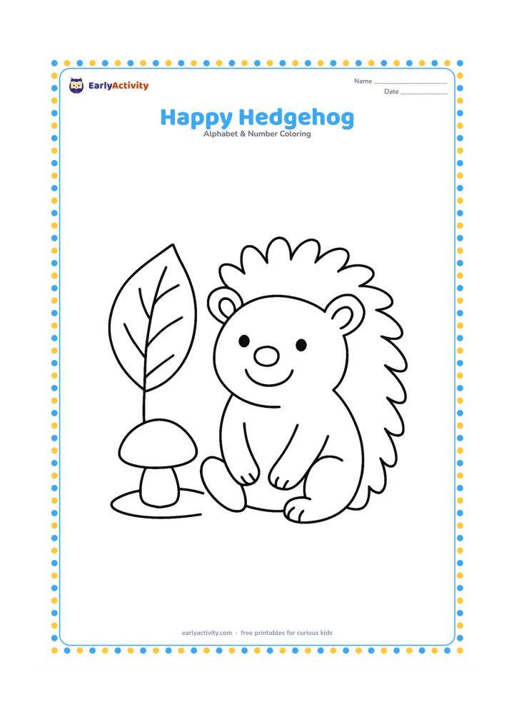 Colouring page: A smiling hedgehog sits beside one large leaf and a small mushroom on the ground. Use rounded, widely spaced back spines rather than dense sharp detail.