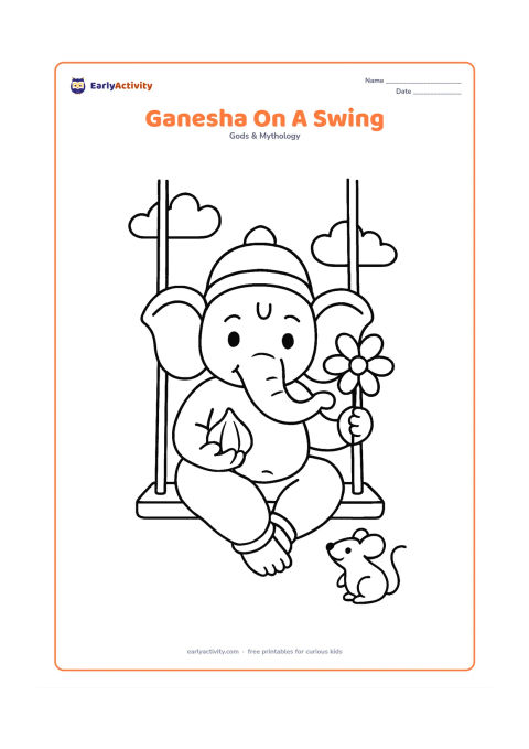 Colouring page: Lord Ganesha sits safely on a simple garden swing, holding a modak while his trunk curls around a flower. Add two thick swing ropes, a small mouse and a few clouds.