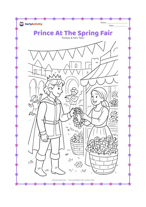 Colouring page: A prince visits a lively spring fair in a palace courtyard, choosing a flower garland from a friendly vendor. Include bunting with no markings, baskets, musicians, flower stalls, arches,…