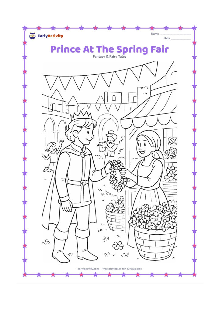 Colouring page: A prince visits a lively spring fair in a palace courtyard, choosing a flower garland from a friendly vendor. Include bunting with no markings, baskets, musicians, flower stalls, arches,…