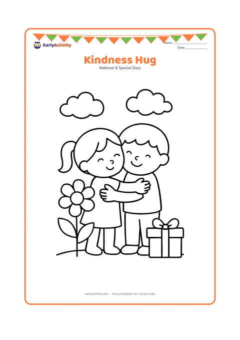 Colouring page: Two children share a friendly hug beside a large flower and a small gift box, with soft clouds overhead. Keep the children's faces and arms easy to identify.