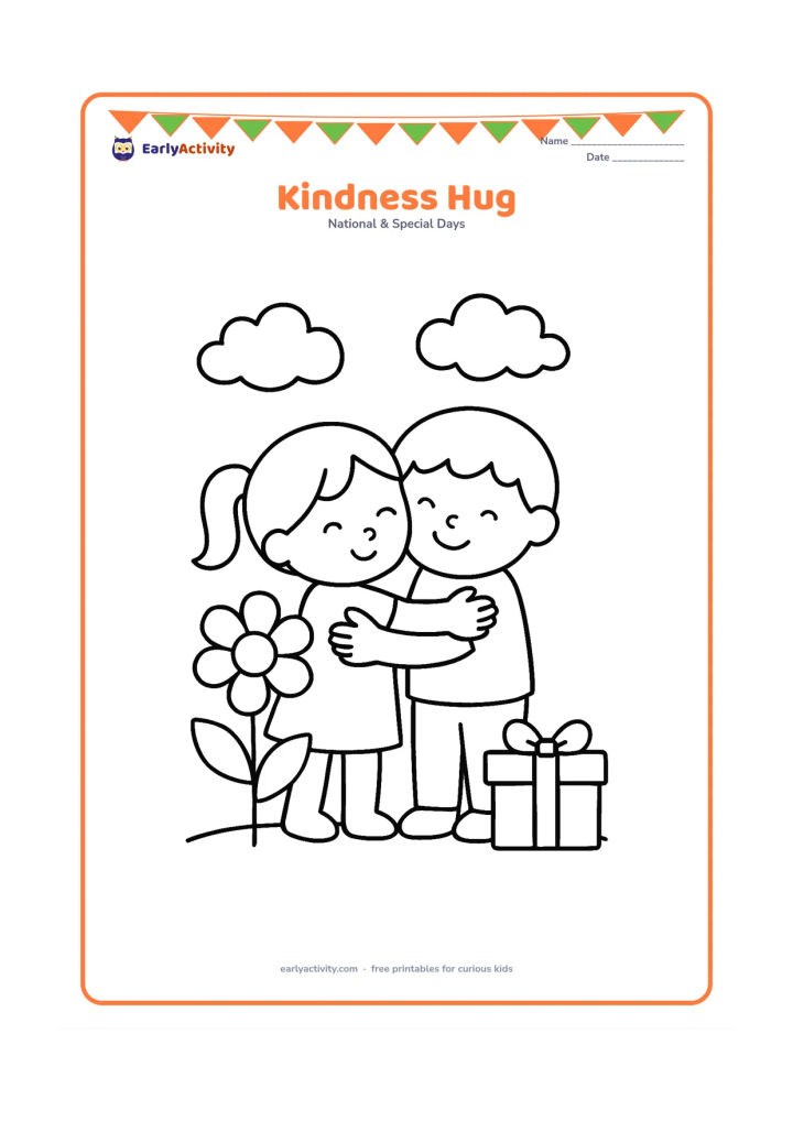 Colouring page: Two children share a friendly hug beside a large flower and a small gift box, with soft clouds overhead. Keep the children's faces and arms easy to identify.