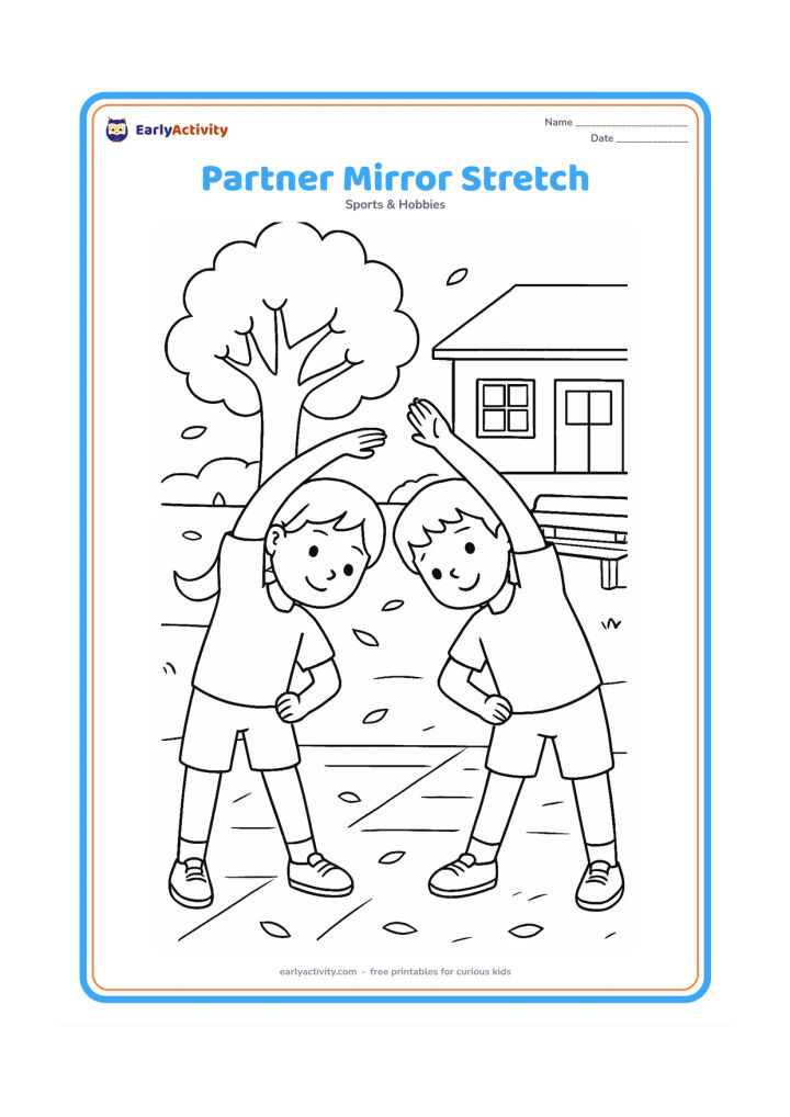 Colouring page: Two children face each other and copy a gentle standing side stretch, each reaching one arm overhead. Place them in a school courtyard with a large tree, a bench and scattered leaves.