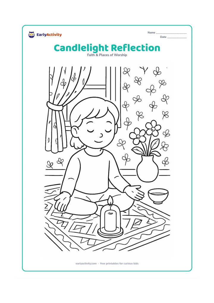 Colouring page: A child sits quietly with open hands beside a covered candle in a peaceful room, with gentle light on a window, patterned rug, flowers, and a small bowl.