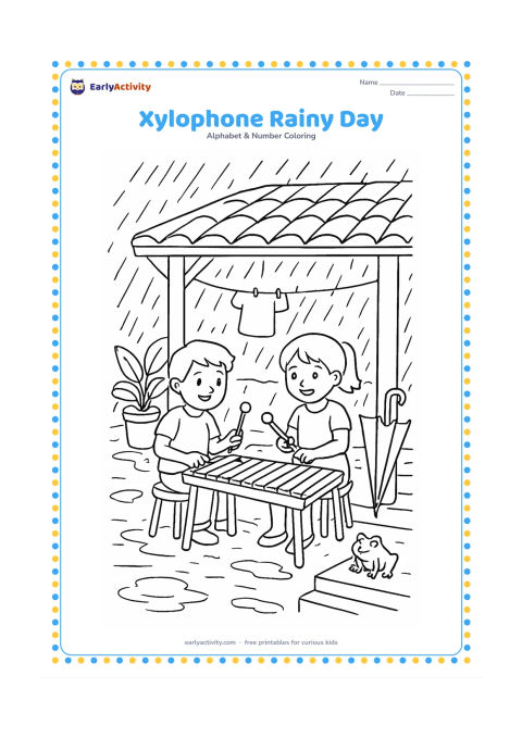 Colouring page: Draw two children playing a xylophone under a covered veranda during monsoon rain, with puddles, umbrellas, potted plants, a clothesline and a frog near the steps.