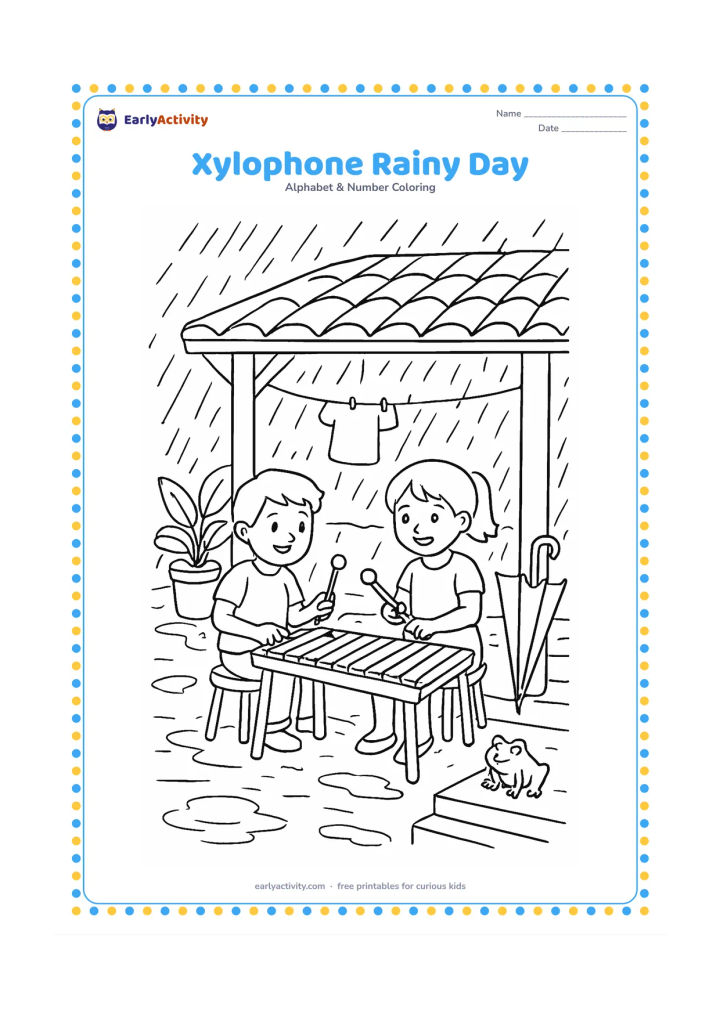 Colouring page: Draw two children playing a xylophone under a covered veranda during monsoon rain, with puddles, umbrellas, potted plants, a clothesline and a frog near the steps.