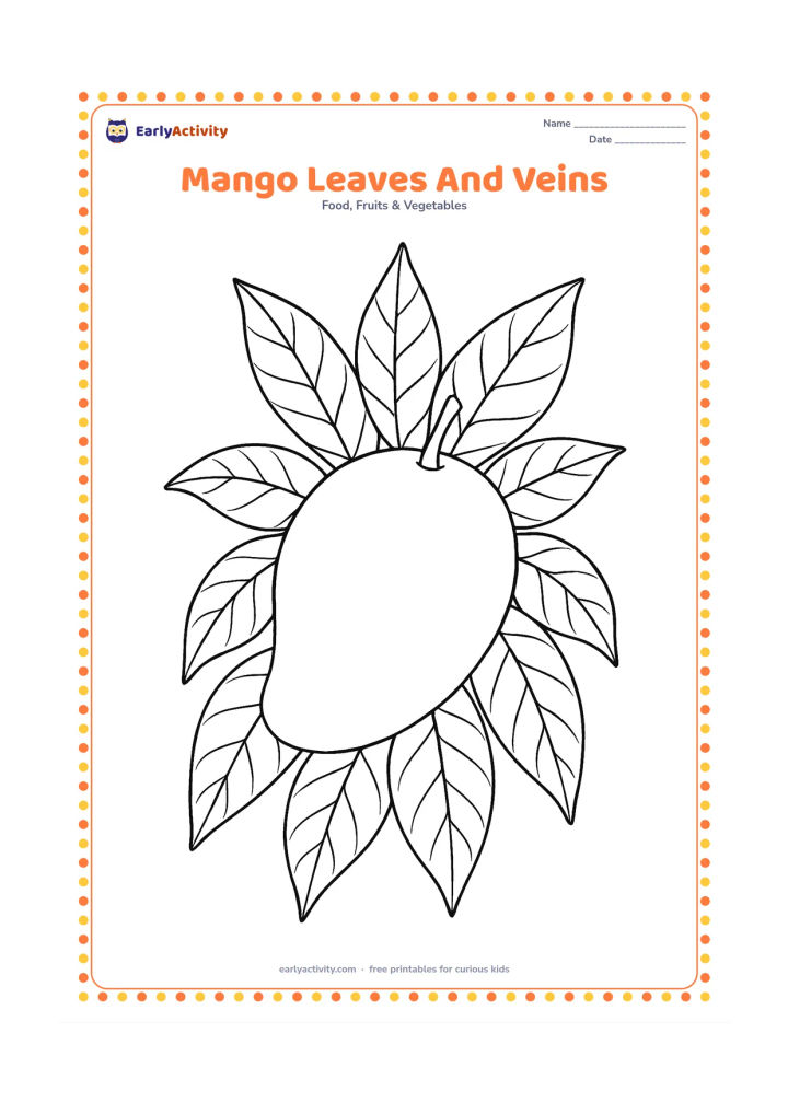 Colouring page: Arrange several mango leaves in overlapping layers around a whole mango, showing their long central veins and smaller side veins.