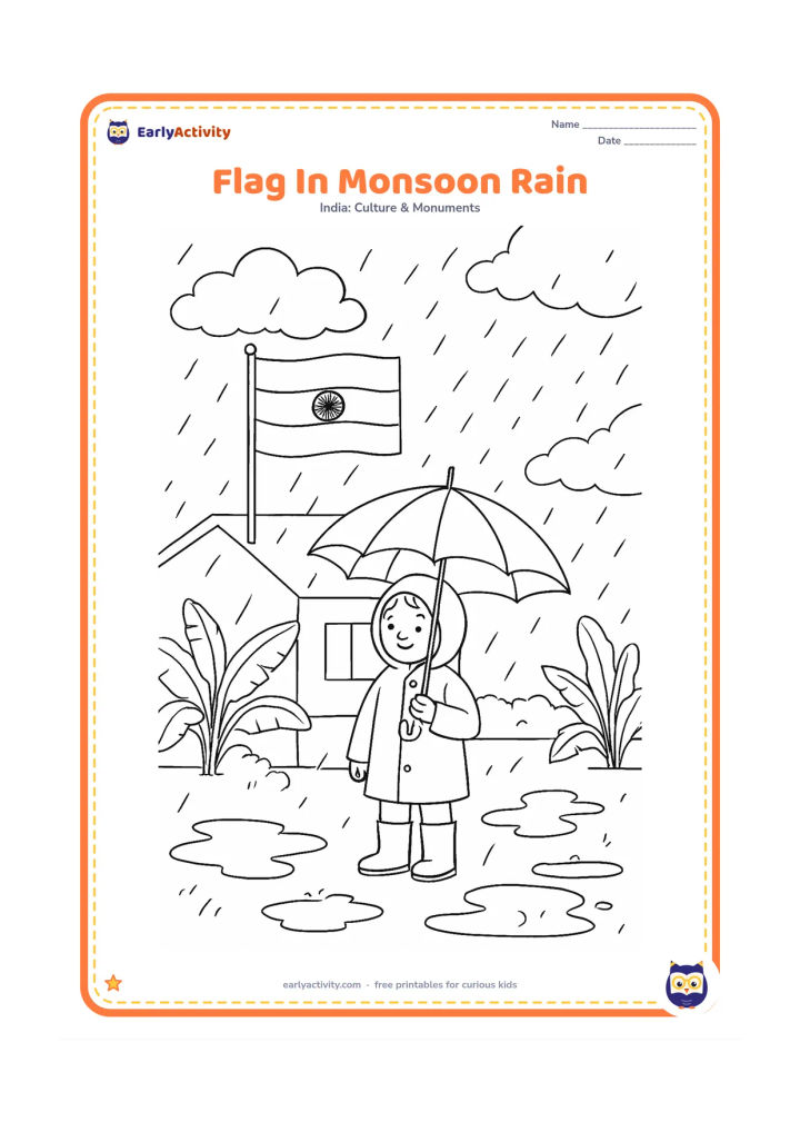 Colouring page: Draw an Indian flag flying outside a home during gentle monsoon rain, with a child in a raincoat, an umbrella, puddles, banana plants and dark clouds. The flag should remain fully…