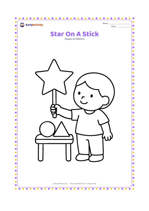 Colouring page: A child holds a large five-point star on a short stick like a simple craft, standing beside a small table with a few large craft shapes.