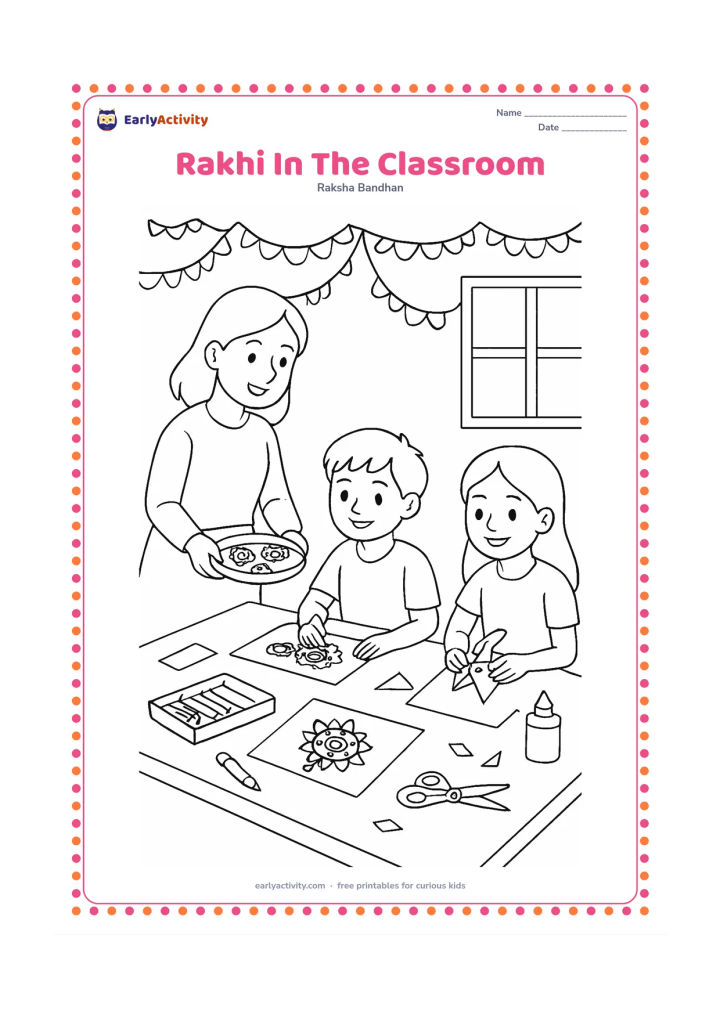 Colouring page: Children sit at a classroom festival activity table, colouring rakhi designs and making a simple paper decoration while a teacher places a rakhi tray nearby. Show crayons, paper scraps,…
