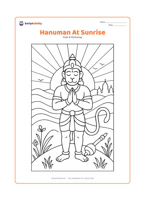 Colouring page: Hanuman stands on a hilltop at sunrise with folded hands, his gada planted beside him and his tail curving around his feet. Show layered Indian hills, temple silhouettes without…