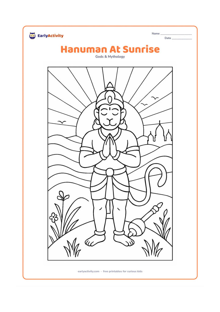 Colouring page: Hanuman stands on a hilltop at sunrise with folded hands, his gada planted beside him and his tail curving around his feet. Show layered Indian hills, temple silhouettes without…