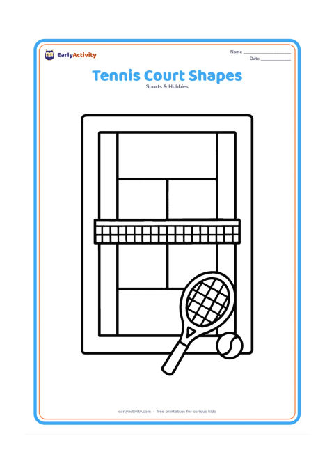 Colouring page: A simplified top-down tennis court with a net, outer boundary, centre line, and one racket and ball placed near the edge.