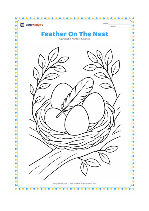 Colouring page: Draw a soft feather resting across a simple bird nest with three large eggs, surrounded by leafy branches. Place the nest on a sturdy tree branch.