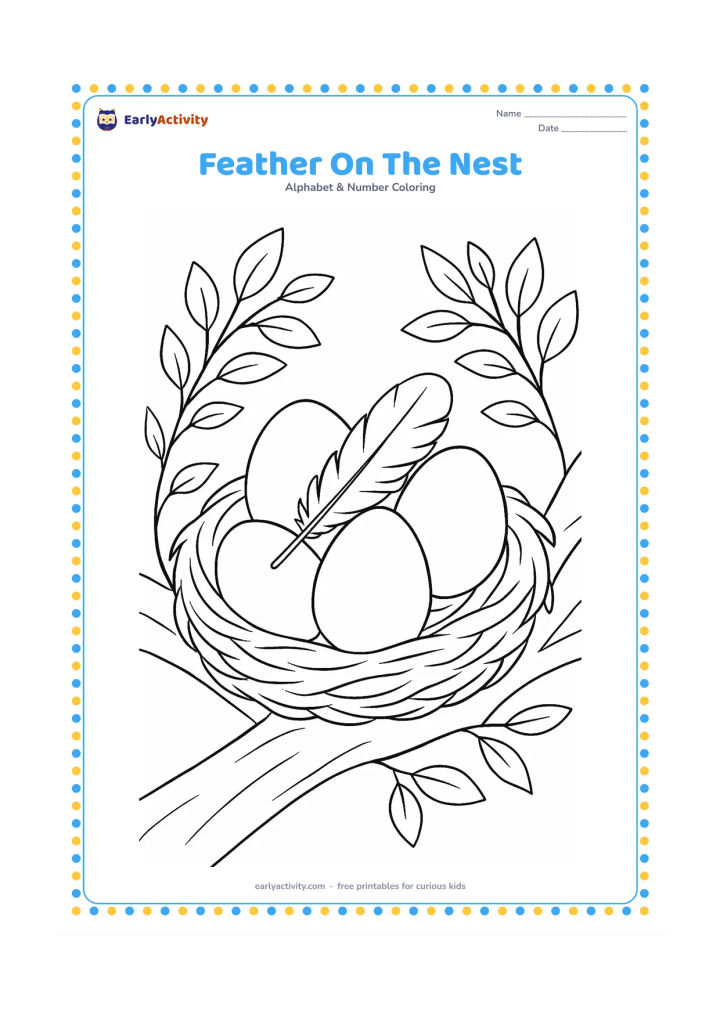 Colouring page: Draw a soft feather resting across a simple bird nest with three large eggs, surrounded by leafy branches. Place the nest on a sturdy tree branch.