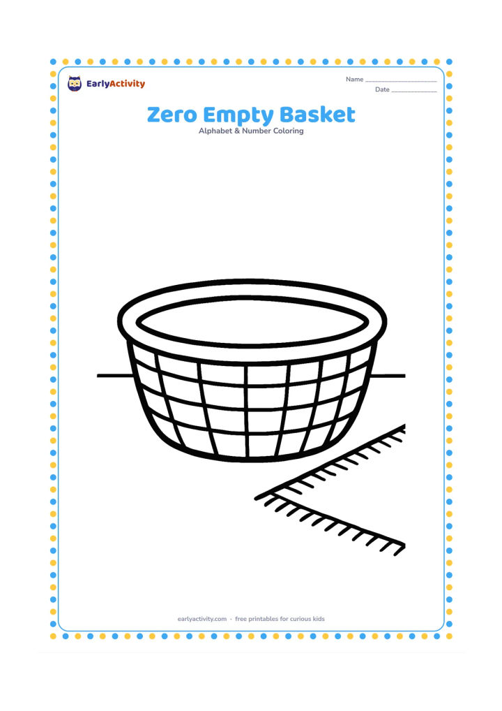 Colouring page: Draw a large empty woven basket on a clean floor, with no objects inside. Add only a few simple weave lines and a small rug edge in the background; do not include any numeral or text in…