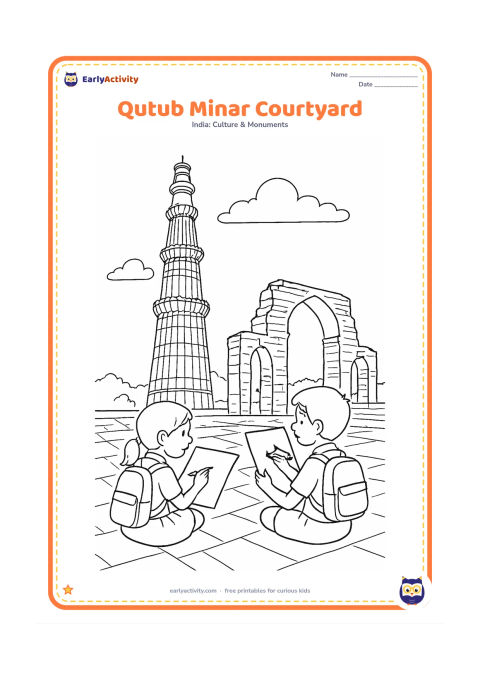 Colouring page: Show Qutub Minar in a historic courtyard with its fluted shaft, balconies and carved bands, alongside a small arched ruin and stone paving. Two schoolchildren sketch the tower on blank…
