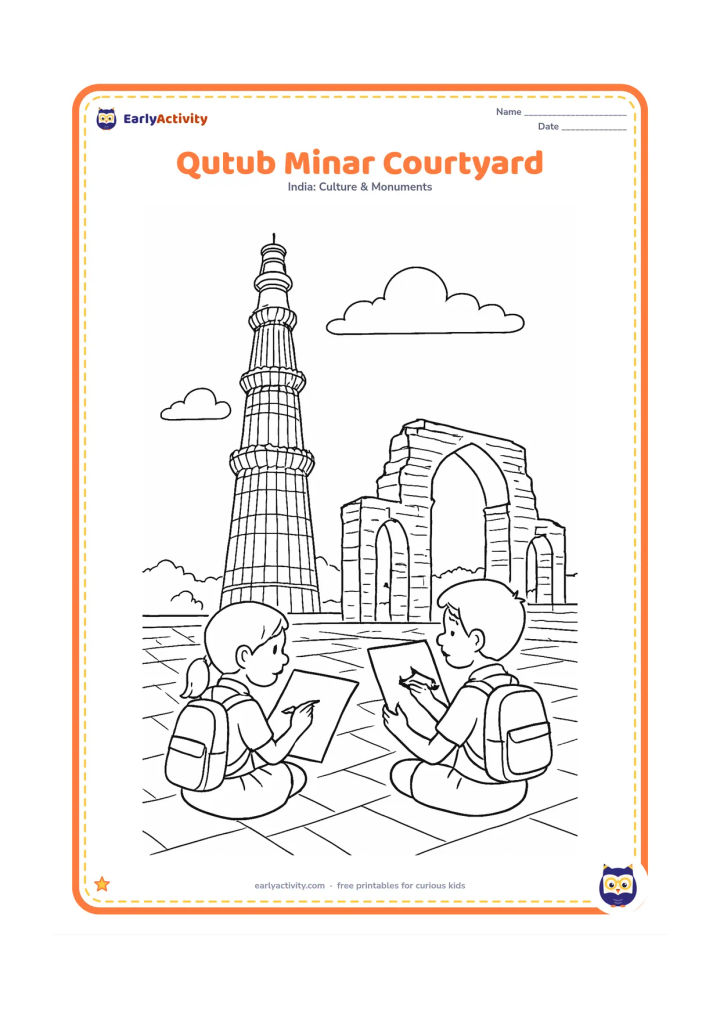 Colouring page: Show Qutub Minar in a historic courtyard with its fluted shaft, balconies and carved bands, alongside a small arched ruin and stone paving. Two schoolchildren sketch the tower on blank…